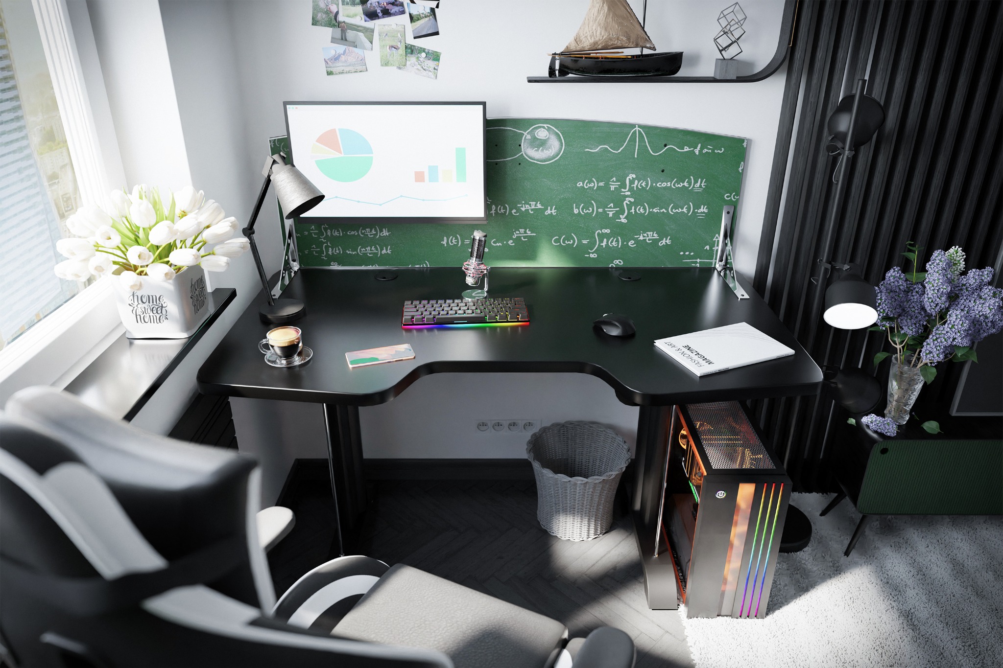 Ergonomiczne stanowisko pracy z czarnym biurkiem gamingowym, tęczową klawiaturą, monitorem z wykresem kołowym, tablicą z wzorami matematycznymi i bukietem białych tulipanów w ceramicznym wazonie...