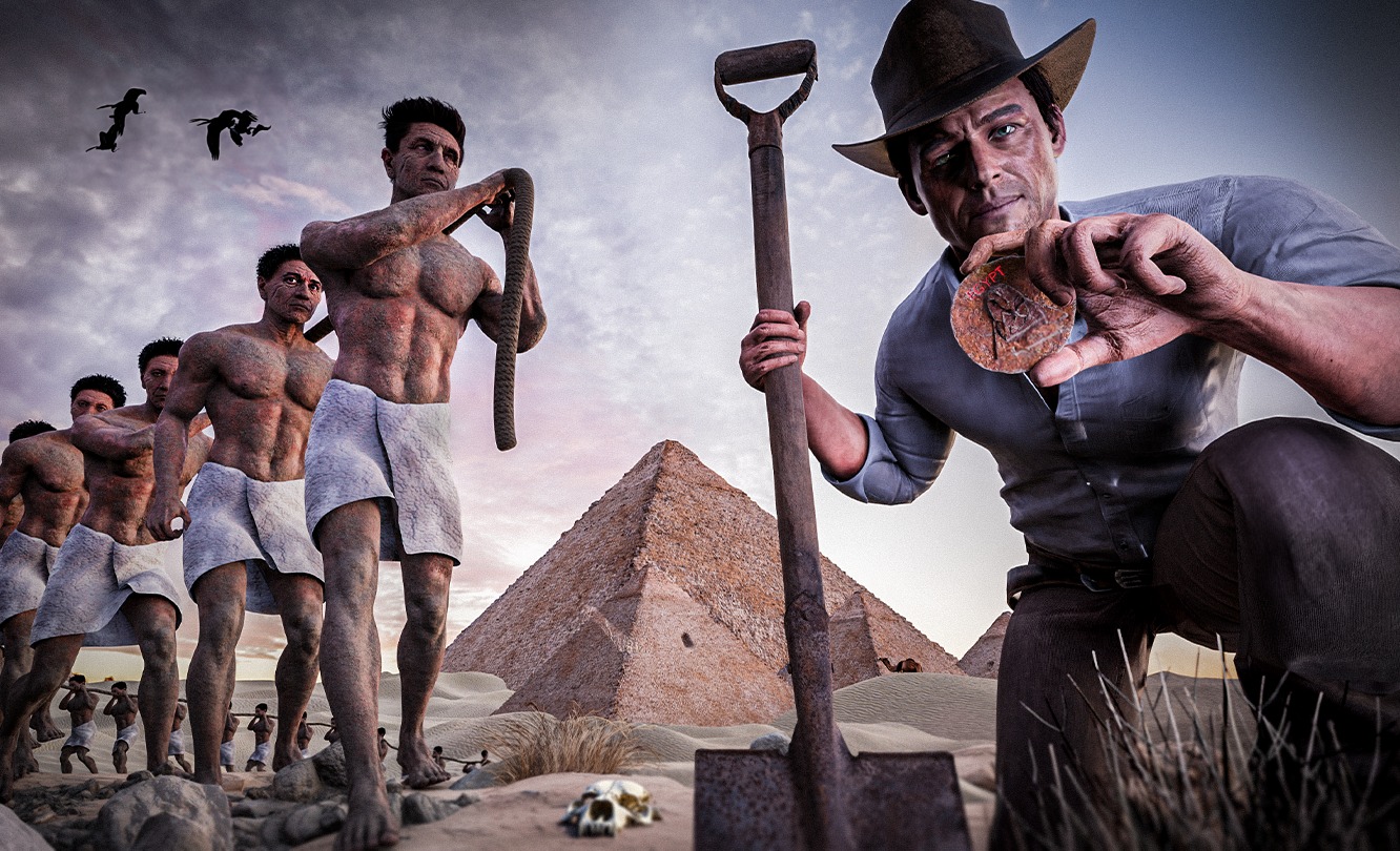 Stylizowana wizualizacja: archeolog w kapeluszu trzyma medalion na tle piramidy i robotników ciągnących liny, z czaszką i łopatą na pierwszym planie.