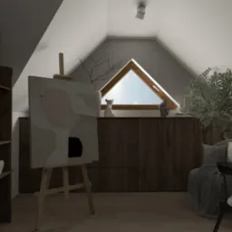 Wizualizacja poddasza z oknem w kształcie trójkąta, sztalugą z abstrakcyjnym obrazem, regałem z książkami i bonsai na komodzie.