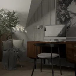 Wizualizacja pokoju na poddaszu z biurkiem, komputerem, lampką i krzesłem. Obok biurka stoi fotel z poduszkami i pledem, a na szafce obok biurka stoi drzewko bonsai.