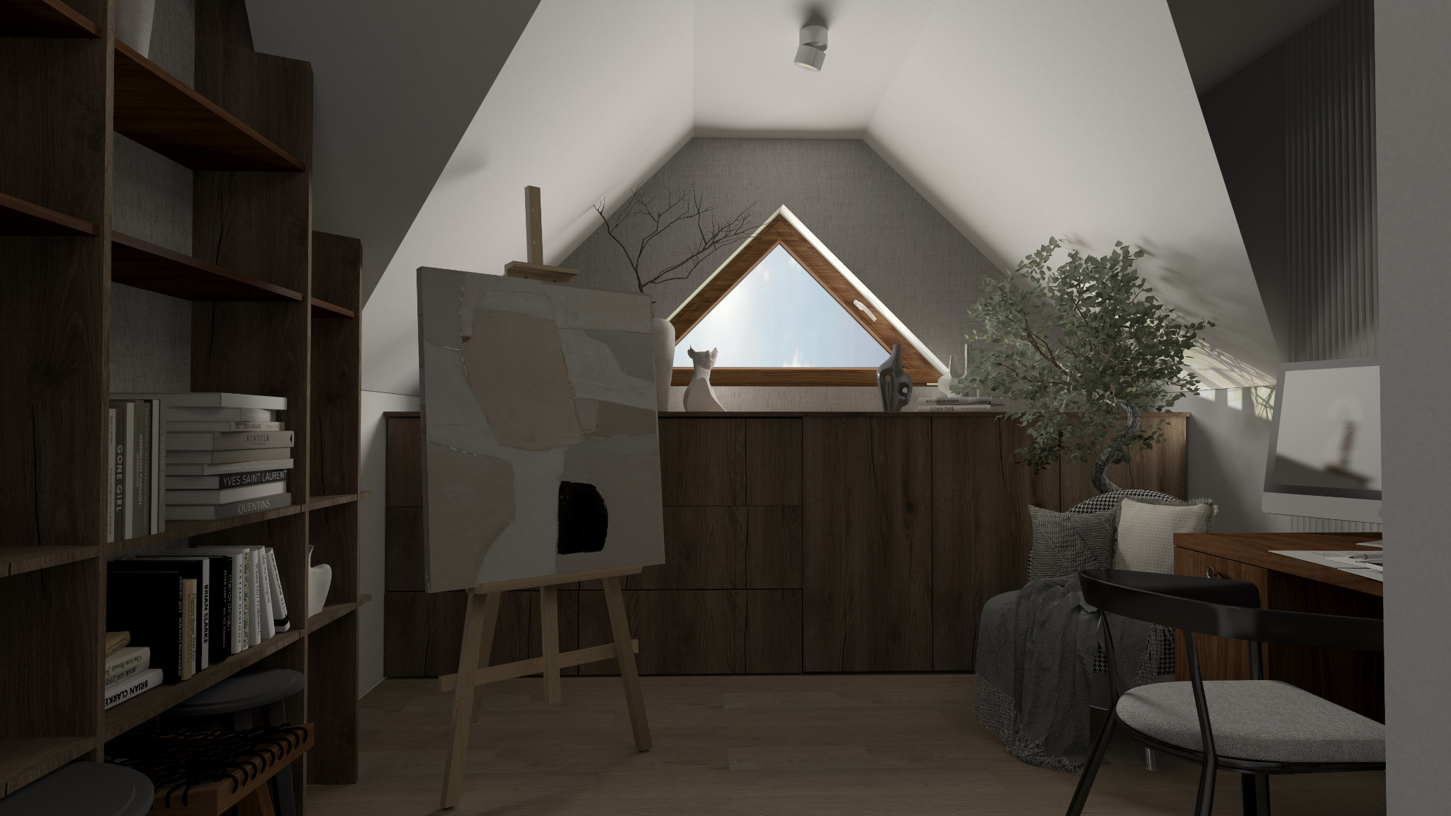 Wizualizacja poddasza z oknem w kształcie trójkąta, sztalugą z abstrakcyjnym obrazem, regałem z książkami i bonsai na komodzie.