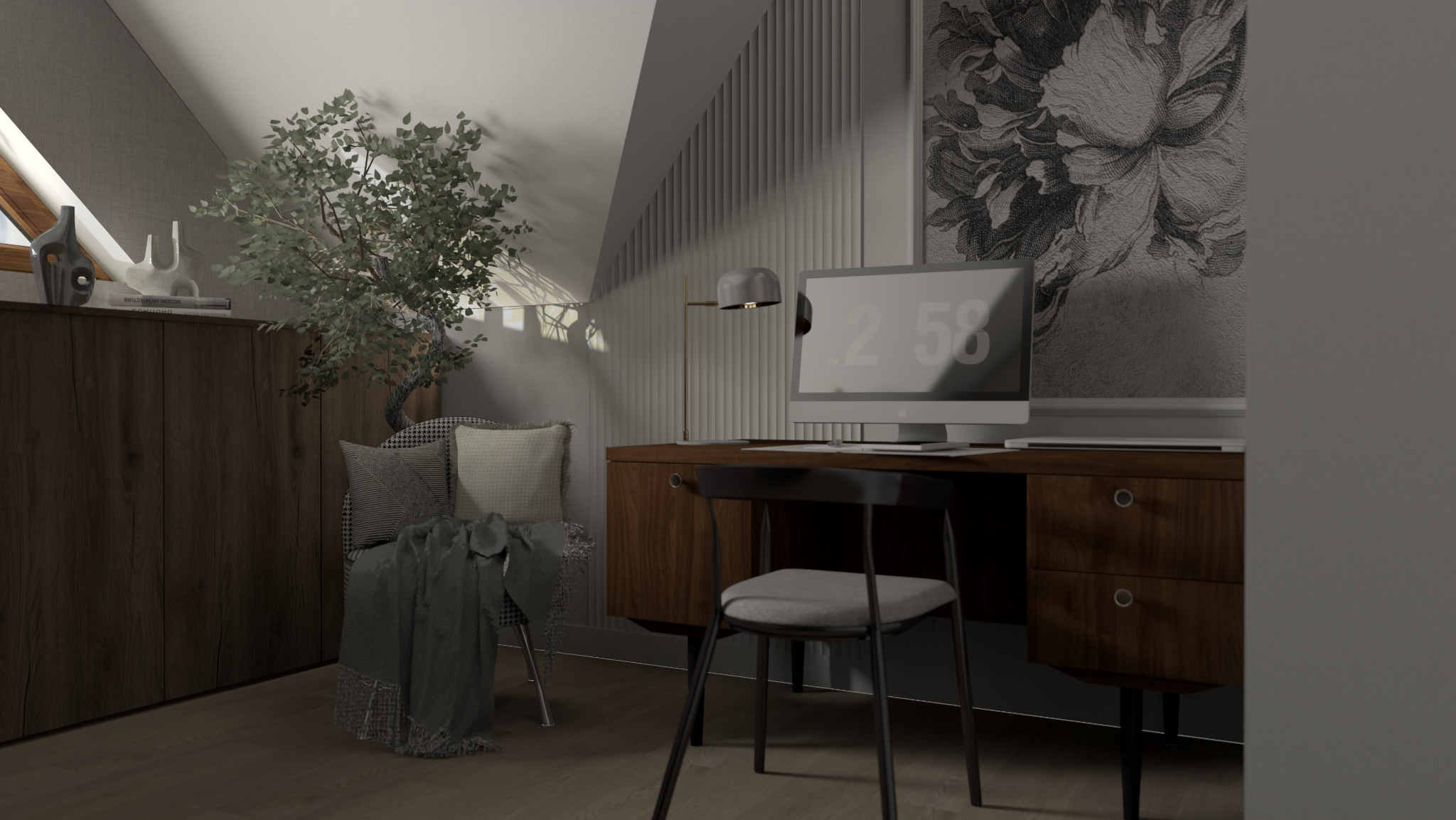 Wizualizacja pokoju na poddaszu z biurkiem, komputerem, lampką i krzesłem. Obok biurka stoi fotel z poduszkami i pledem, a na szafce obok biurka stoi drzewko bonsai.
