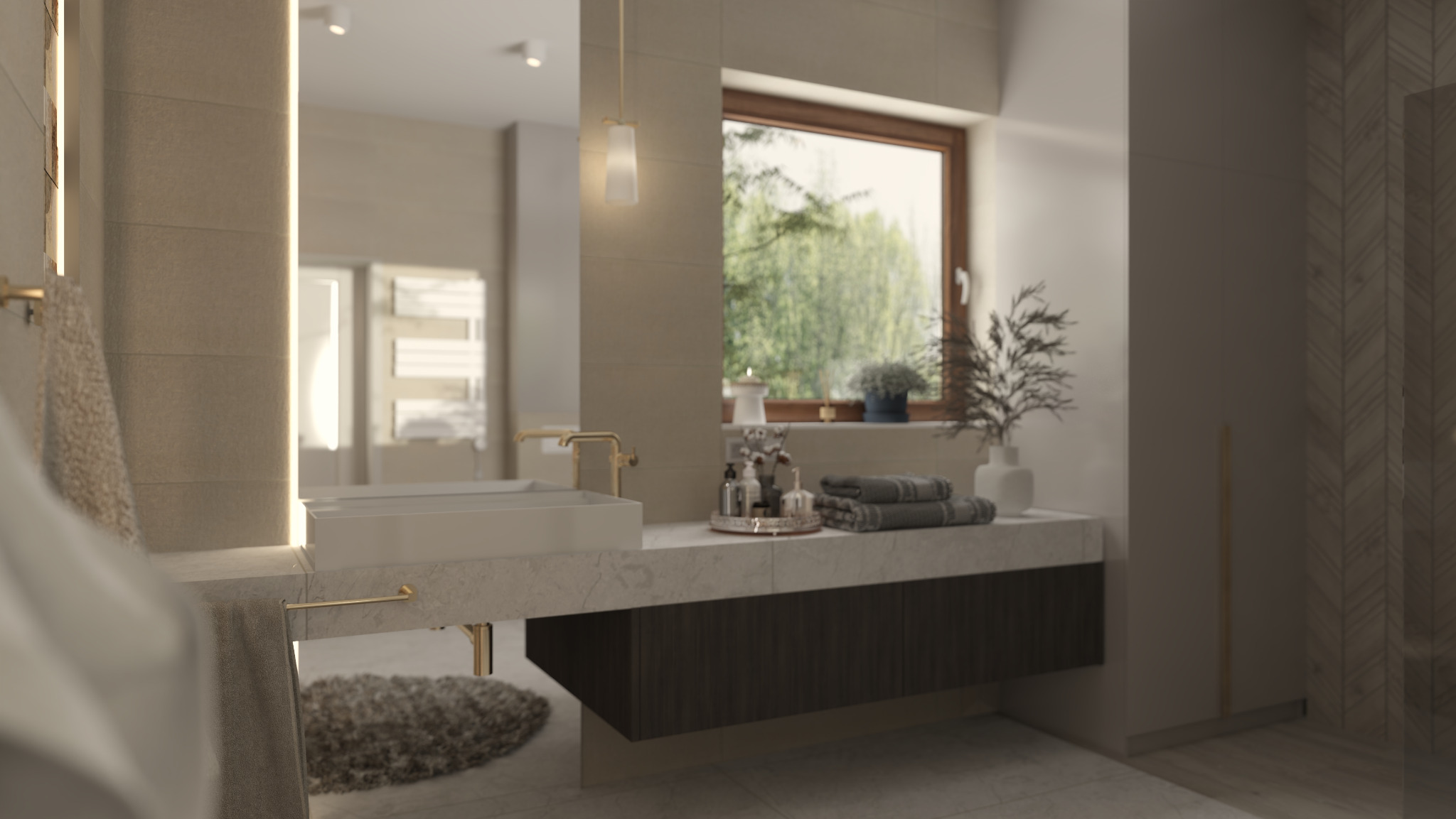 Nowoczesna łazienka z białą umywalką nablatową, złotą armaturą, ciemną szafką pod umywalką, dużym oknem z widokiem na zieleń i dekoracyjnymi akcesoriami na blacie.