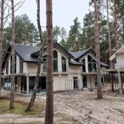 Nowoczesny dom w stanie surowym zamkniętym z ciemną dachówką, otoczony sosnowym lasem, widok z zewnątrz na tle pochmurnego nieba.