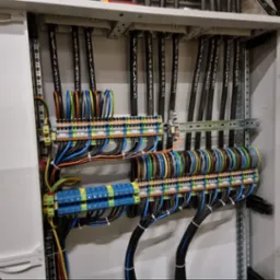 Rozdzielnica elektryczna z precyzyjnie ułożonymi przewodami oznaczonymi numerami instalacji, widoczne listwy zaciskowe i szyny montażowe.