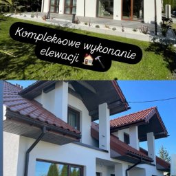 Kamil Jura - Dwukondygnacyjny dom z białą elewacją i czerwoną dachówką, widoczny z dwóch różnych perspektyw, otoczony zielonym trawnikiem i ozdobnymi rabatami z białym żwirem.