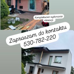 Kamil Jura - Porównanie elewacji domu w Łodzi przed i po wykonaniu prac: od różowej, z rusztowaniem, do białej, odnowionej. Widoczne materiały budowlane i narzędzia.