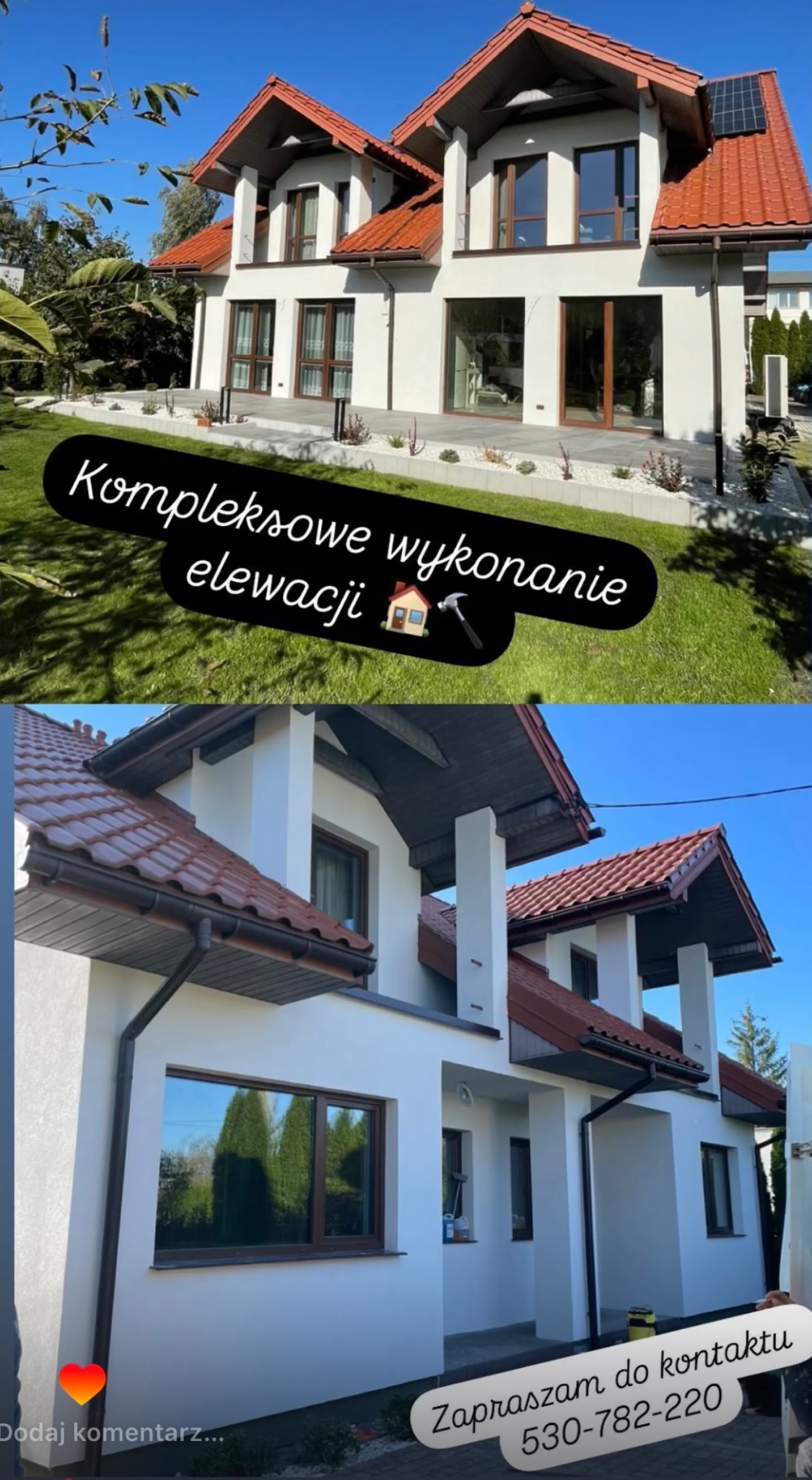 Dwukondygnacyjny dom z białą elewacją i czerwoną dachówką, widoczny z dwóch różnych perspektyw, otoczony zielonym trawnikiem i ozdobnymi rabatami z białym żwirem.