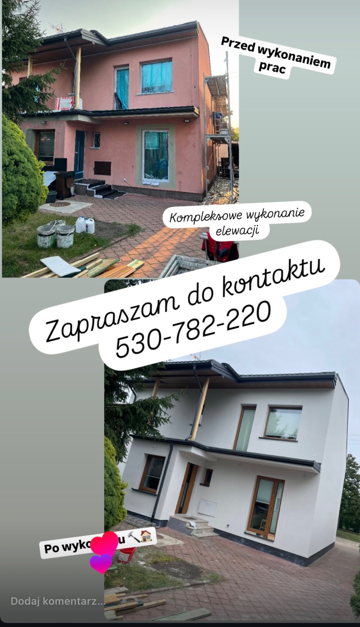 Porównanie elewacji domu w Łodzi przed i po wykonaniu prac: od różowej, z rusztowaniem, do białej, odnowionej. Widoczne materiały budowlane i narzędzia.