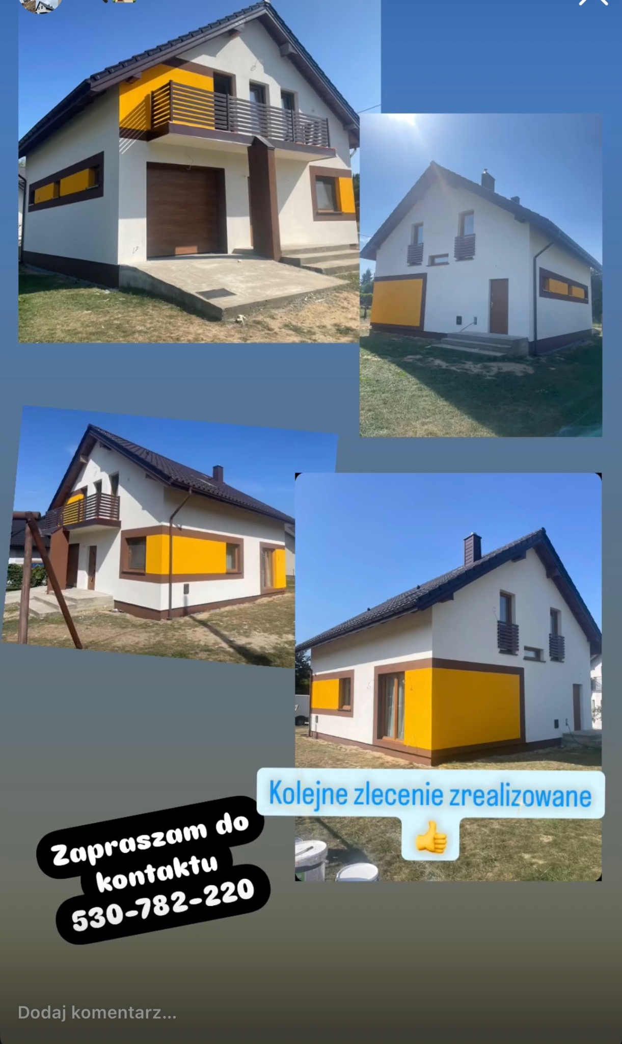 Nowoczesny dom jednorodzinny po malowaniu elewacji, z fragmentami ścian w kolorze żółtym i brązowymi obramowaniami okien, prezentowany w kolażu czterech ujęć z różnych perspektyw.