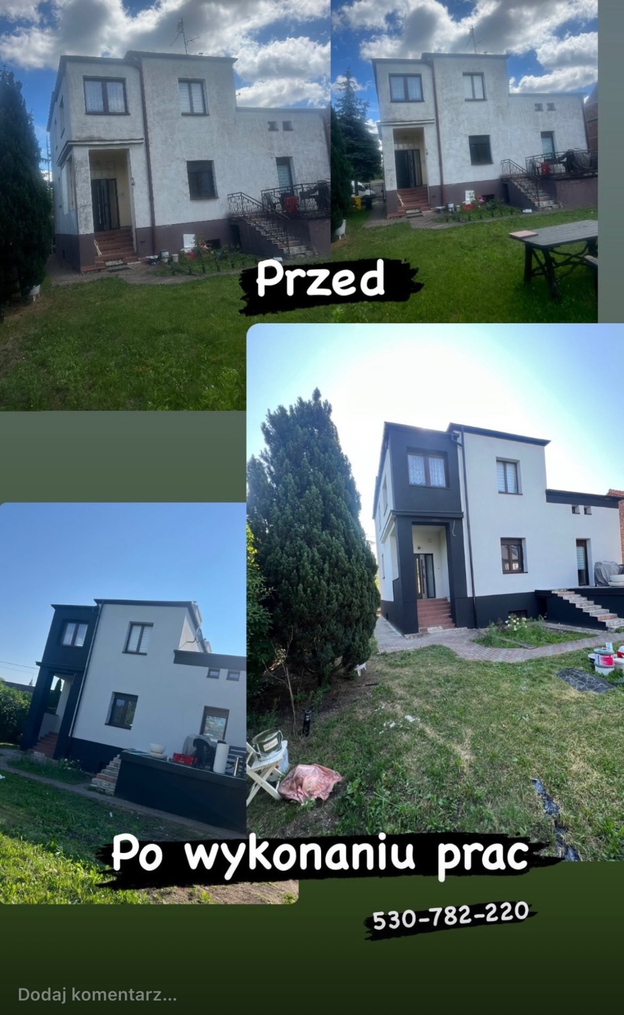 Dom jednorodzinny przed i po renowacji elewacji, z widoczną zmianą koloru i odświeżeniem wyglądu, ujęcie z poziomu gruntu.