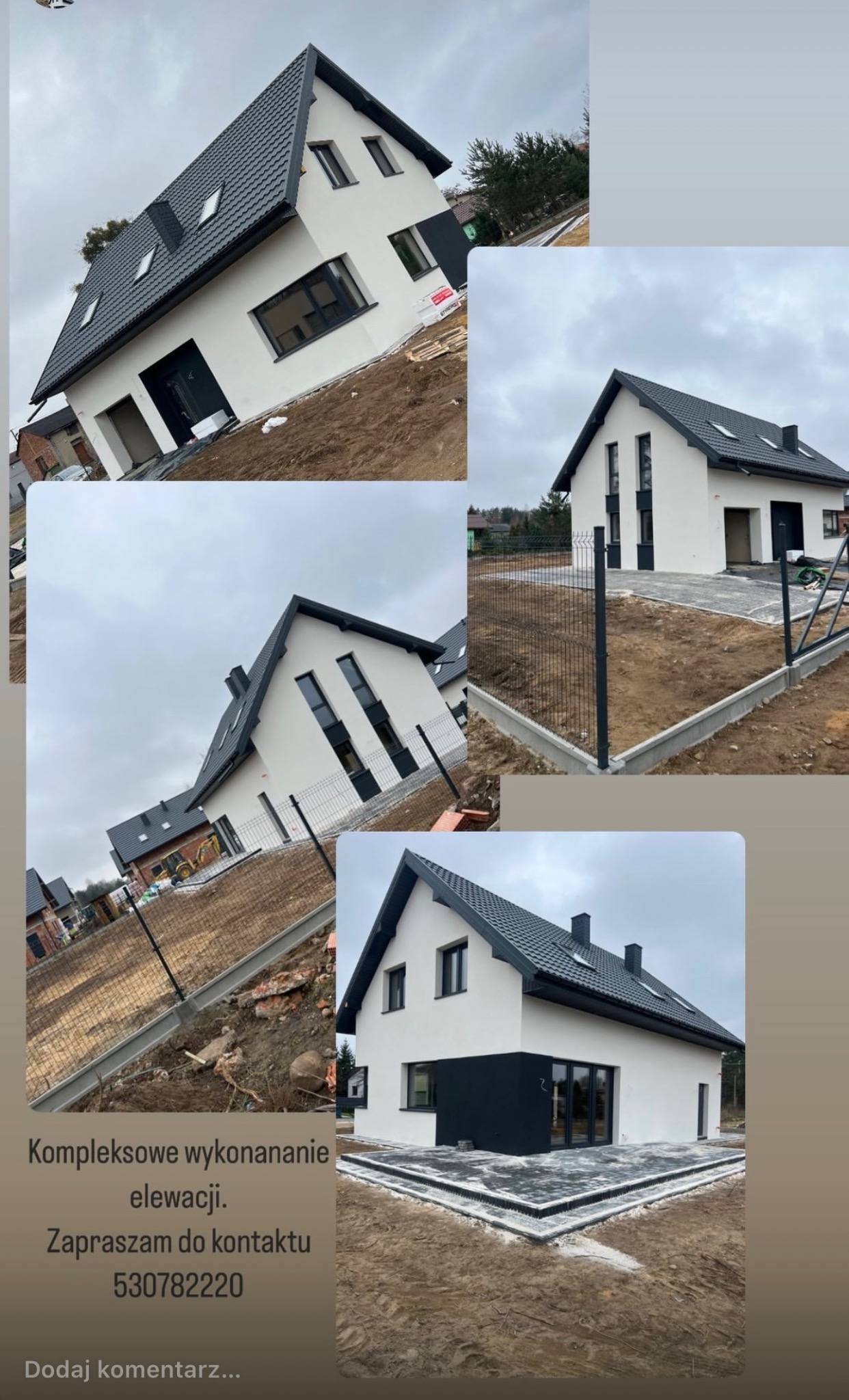 Kolaż zdjęć przedstawiający nowoczesny dom jednorodzinny z białą elewacją i czarnymi akcentami, w tym dachówką, ramami okiennymi i fragmentami ścian. Otoczenie domu w trakcie prac wykończeniowych...