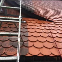 Częściowo wyczyszczony dach z dachówki karpiówki, widoczna różnica między brudną a czystą powierzchnią, drabina przystawiona do dachu.