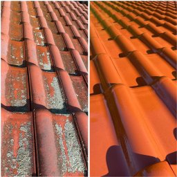 Mycie ciśnieniowe - Czerwona dachówka przed i po czyszczeniu: po lewej stronie pokryta mchem, po prawej lśniąca, czysta. Widok z bliska, ukazujący detale i różnicę w wyglądzie.