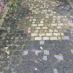 Mycie ciśnieniowe - Częściowo wyczyszczona kostka brukowa, widoczna różnica w kolorze i czystości. Po lewej stronie kostka brudna, porośnięta mchem, po prawej czysta, jaśniejsza.