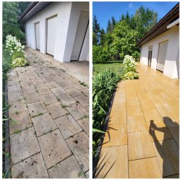 Mycie ciśnieniowe - Kostka brukowa przed i po czyszczeniu, widoczne różnice w kolorze i czystości. Po prawej stronie cień osoby robiącej zdjęcie.