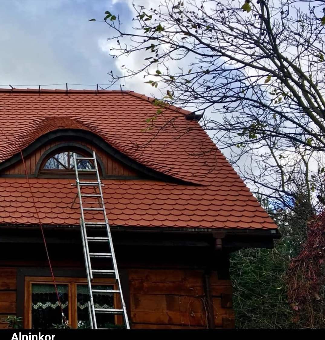 Czerwony dach z dachówki karpiówki na drewnianym domu z oknem w lukarnie, oparta drabina aluminiowa.