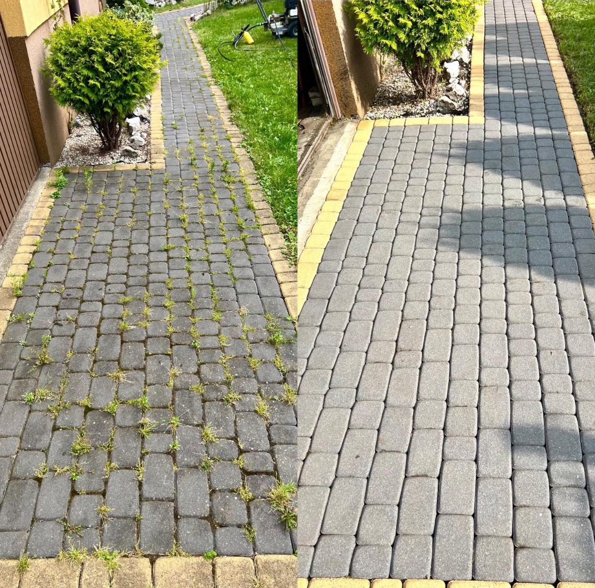 Porównanie stanu kostki brukowej przed i po czyszczeniu: po lewej stronie kostka porośnięta chwastami, po prawej czysta, szara kostka z żółtą obwódką.