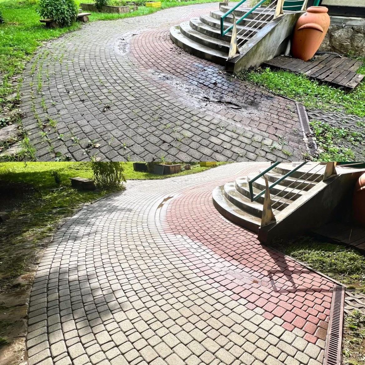 Porównanie stanu kostki brukowej przed i po czyszczeniu, widoczne różnice w kolorze i usunięcie zabrudzeń, schody z zieloną barierką w tle.