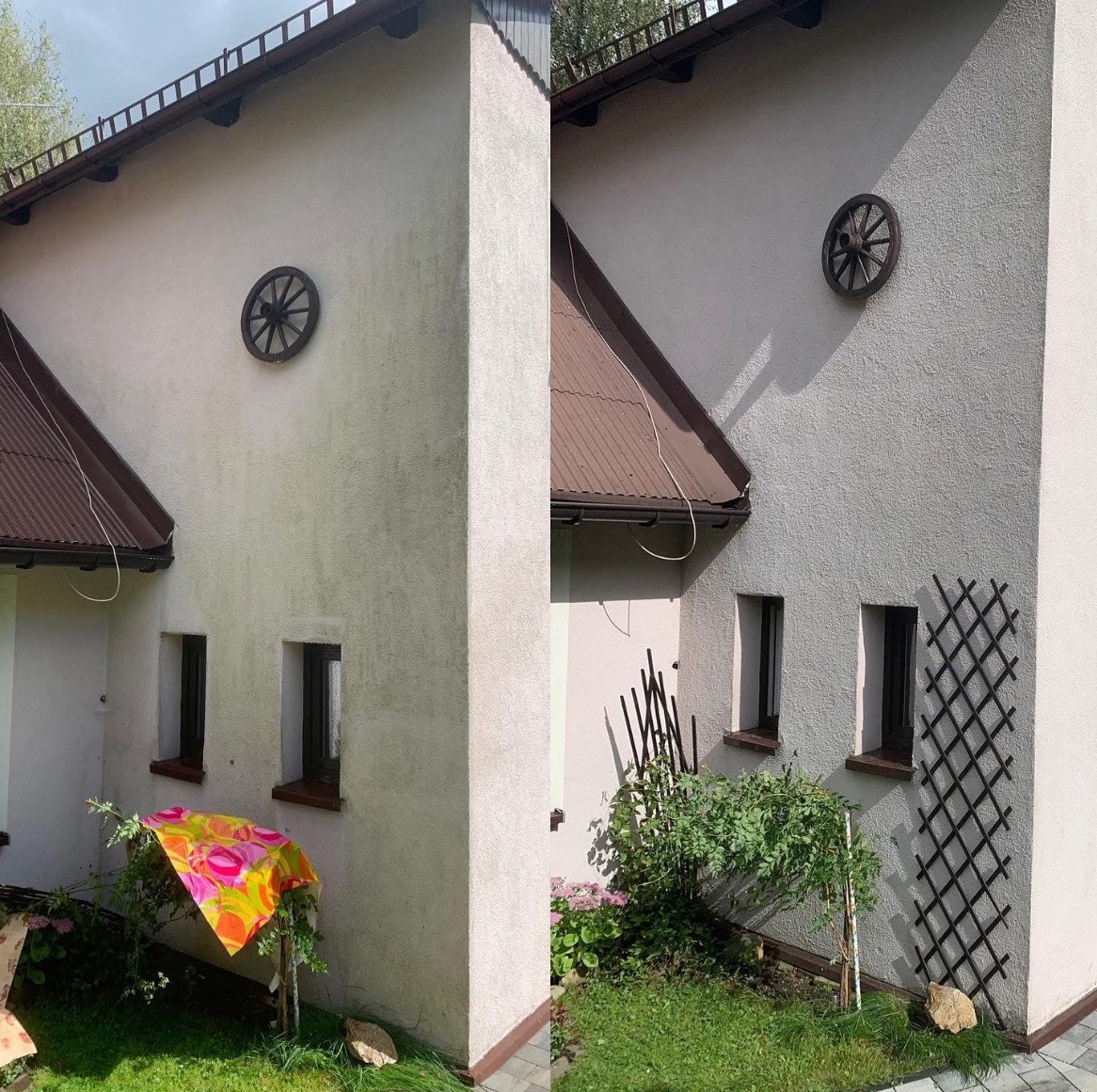 Porównanie elewacji domu przed i po czyszczeniu, widoczna różnica w kolorze i czystości, z dekoracyjnym kołem na ścianie.