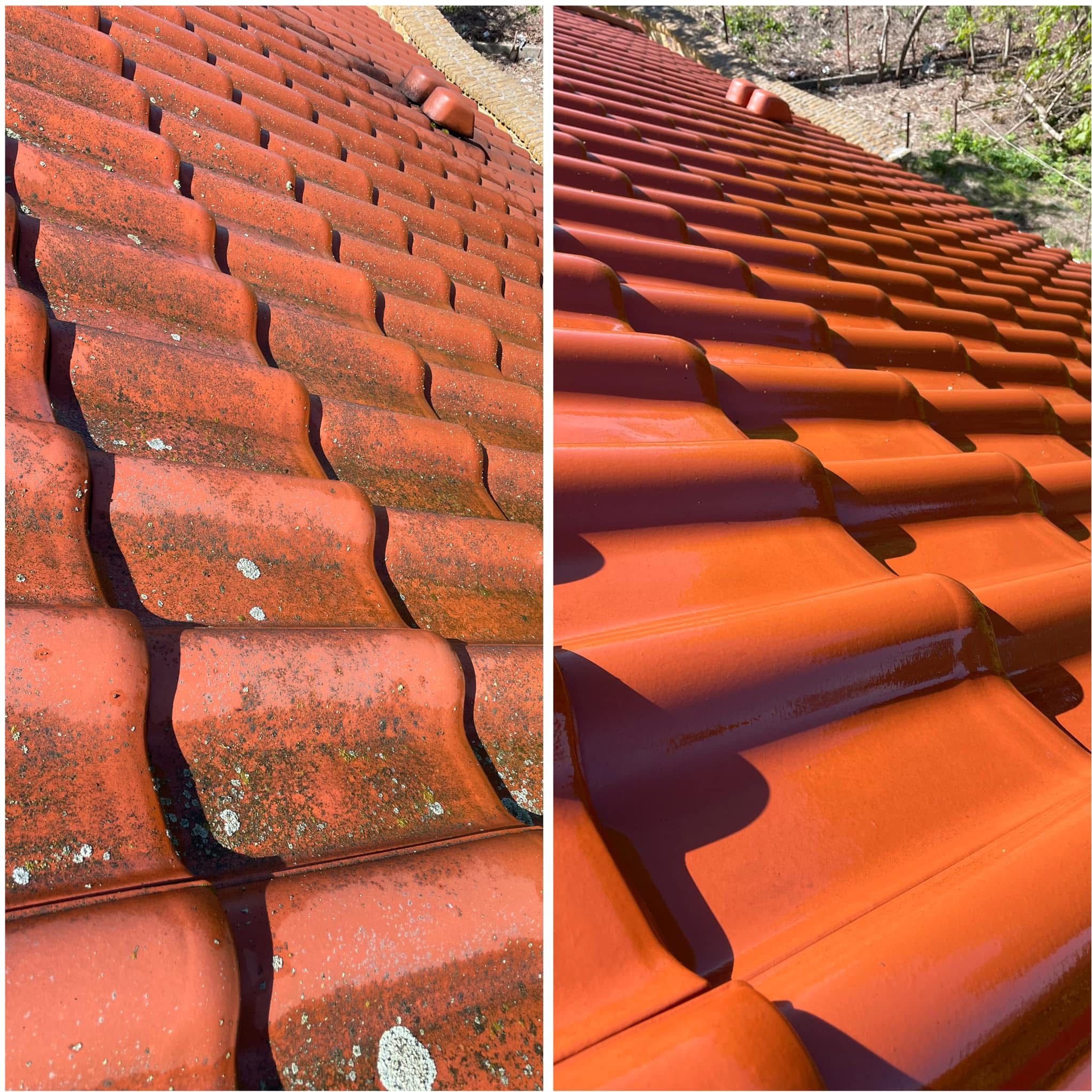 Dachówka ceramiczna przed i po czyszczeniu: po lewej stronie widoczny mech i zabrudzenia, po prawej czysta, lśniąca powierzchnia w intensywnym odcieniu czerwieni.