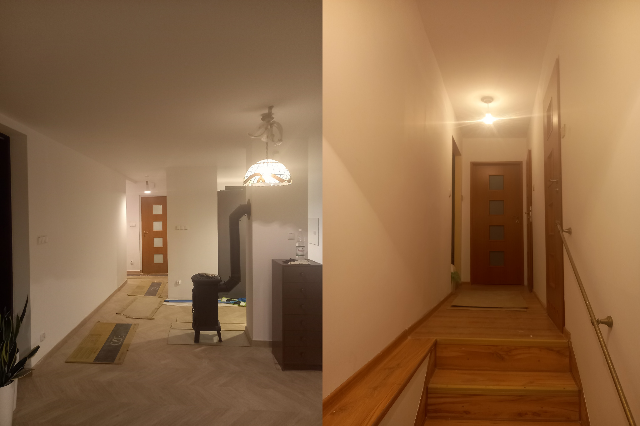 Poziom mieszkalny w domu jednorodzinnym w trakcie remontu: widoczne panele podłogowe w jasnym odcieniu ułożone w jodełkę, piec wolnostojący, zabezpieczone podłoże kartonami, schody drewniane...