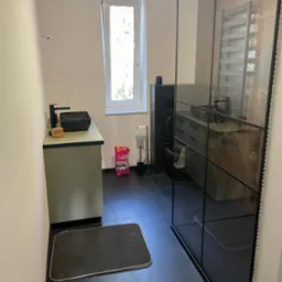 Nowoczesna łazienka z czarną armaturą, kabiną prysznicową typu walk-in z czarnymi szprosami, szarą podłogą, jasnymi ścianami i oknem. Na blacie umywalki stoi drewniany pojemnik, a obok toalety...