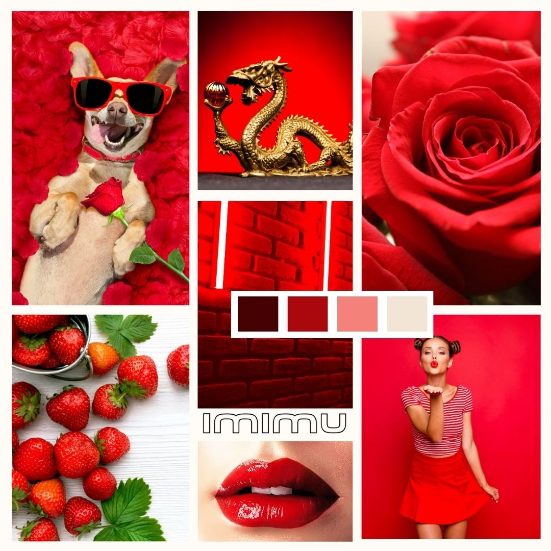 Kompozycja kolażu w odcieniach czerwieni: pies z różą, złoty smok, róża, truskawki, usta z błyszczykiem, ceglana ściana i kobieta w czerwonej spódnicy.
