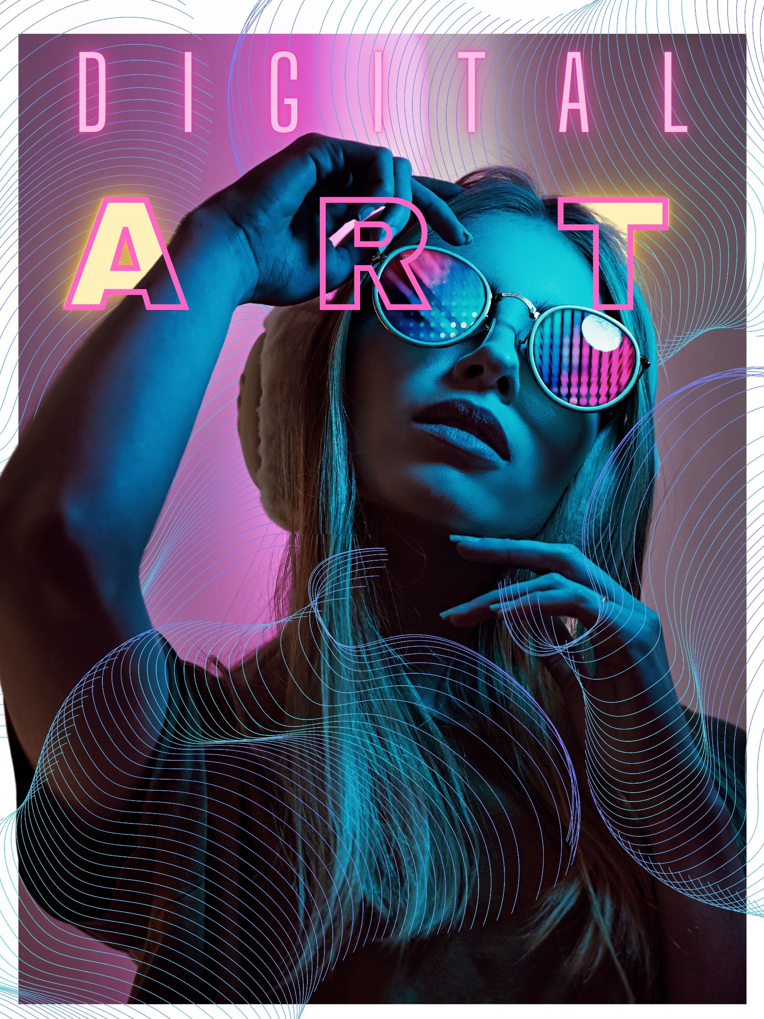 Kobieta w okularach z odbiciami świateł, trzymająca rękę przy twarzy, z napisem 'Digital Art' i niebieskimi liniami w tle, oświetlona neonowym światłem.