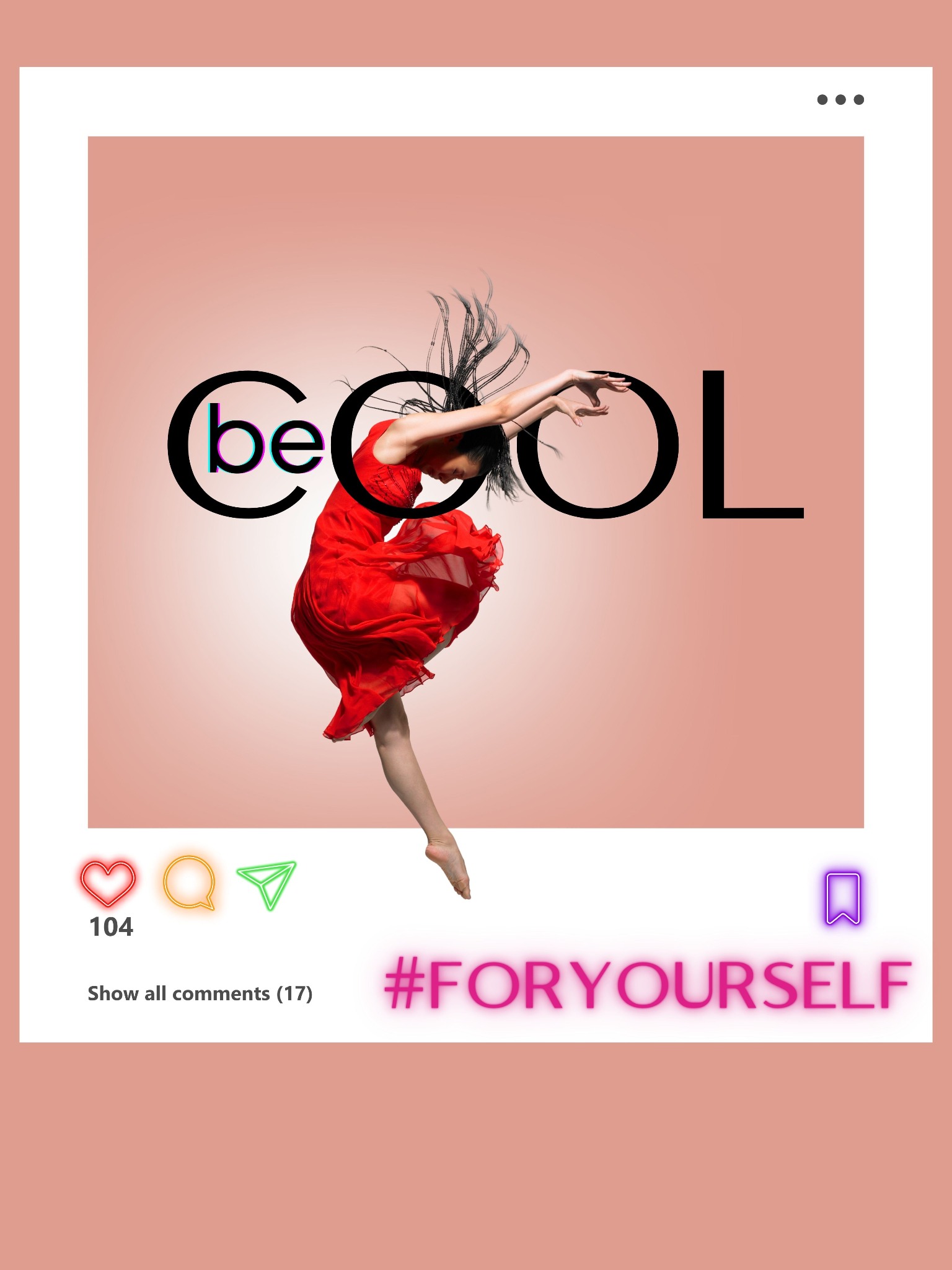 Stylizowana grafika przedstawiająca tancerkę w czerwonej sukience, wkomponowaną w interfejs aplikacji społecznościowej z napisem 'be COOL' i hashtagiem '#FORYOURSELF'.