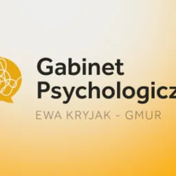 Logo gabinetu psychologicznego Ewa Kryjak-Gmur z symbolem splątanych linii w żółtej dymku na gradientowym tle.