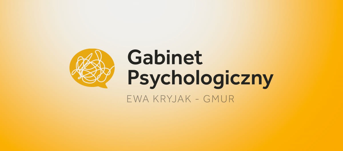 Logo gabinetu psychologicznego Ewa Kryjak-Gmur z symbolem splątanych linii w żółtej dymku na gradientowym tle.