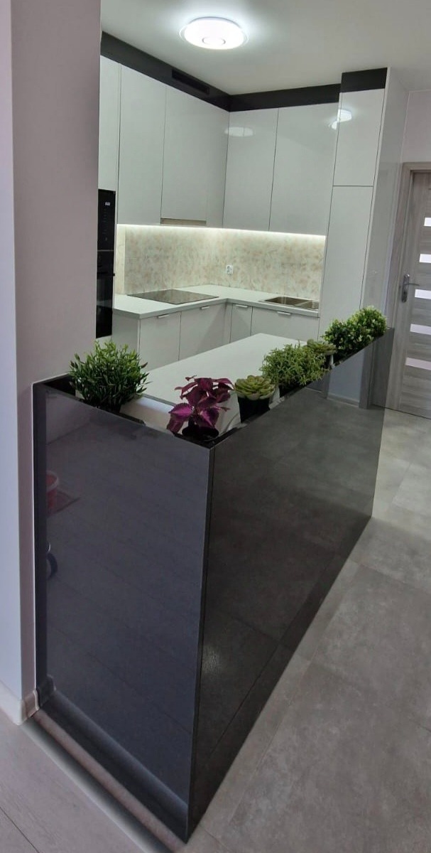 Nowoczesna kuchnia z białymi szafkami i czarnymi akcentami, wyspa kuchenna z ciemnoszarą obudową i roślinami doniczkowymi na blacie.