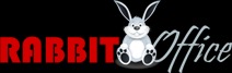 Logo firmy 'Rabbit Office' z czerwonym napisem 'RABBIT' i stylizowanym wizerunkiem szarego królika, całość na czarnym tle.