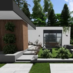 Wizualizacja nowoczesnego domu z drewnianą elewacją, tarasem z meblami ogrodowymi i bujną roślinnością.