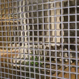 Ściana wyłożona błyszczącą, złotą mozaiką kwadratową z szarą fugą, widoczna krawędź drewnianej p&oacute;łki po lewej stronie.