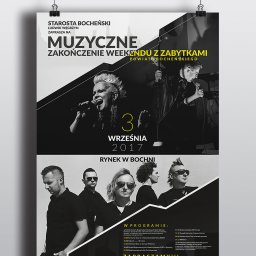 PERFEKTDRUK Joanna Zięba - Czarno-biały plakat reklamowy wydarzenia muzycznego 'Muzyczne Zakończenie Weekendu z Zabytkami Powiatu Bocheńskiego', z datą 3 września 2017, prezentujący zdjęcia występujących artystów i program...