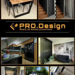 Kompilacja zdjęć prezentująca różnorodne realizacje mebli i aranżacji wnętrz: stół jadalniany z drewnianym blatem i metalową podstawą, schody z czarnymi panelami, kuchnia z czarnymi frontami...