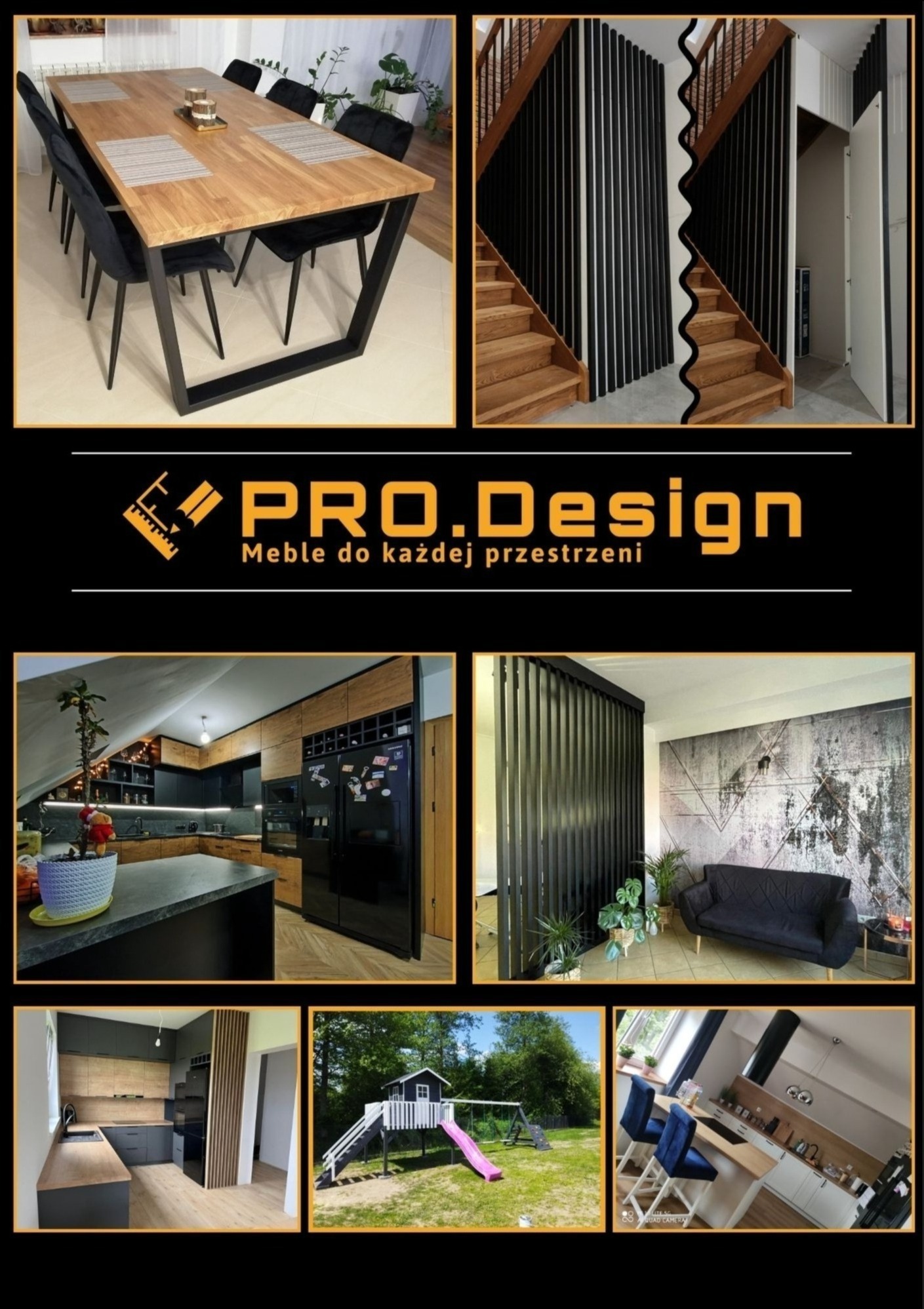 Kompilacja zdjęć prezentująca różnorodne realizacje mebli i aranżacji wnętrz: stół jadalniany z drewnianym blatem i metalową podstawą, schody z czarnymi panelami, kuchnia z czarnymi frontami...