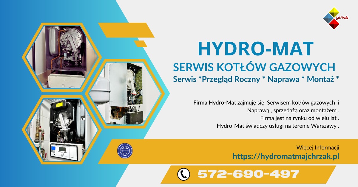 Grafika reklamowa firmy Hydro-Mat, oferującej serwis kotłów gazowych, przeglądy roczne, naprawy i montaż. Na ilustracji trzy ujęcia wnętrza kotłów gazowych w heksagonalnych ramkach na tle z logo...