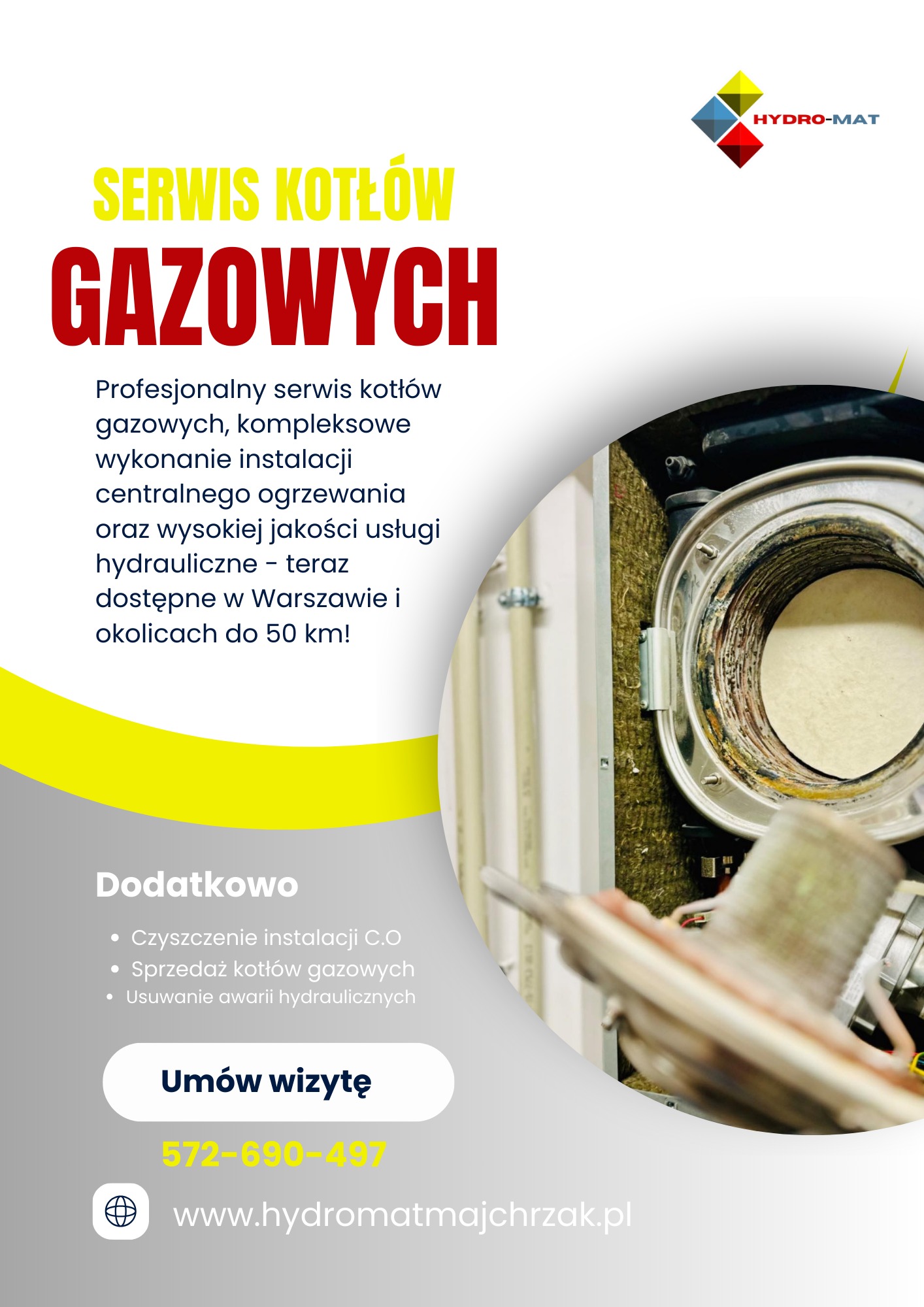 Reklama firmy Hydro-Mat oferującej serwis kotłów gazowych, z widocznym fragmentem wnętrza kotła gazowego.
