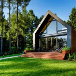 Nowoczesny dom z dużymi przeszkleniami i drewnianym tarasem, otoczony zielonym trawnikiem i drzewami.