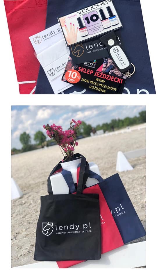 Torby z logo firmy ubezpieczeniowej dla koni i jeźdźców, ulotki reklamowe, voucher na usługi kosmetyczne i brelok na tle piaszczystego terenu z kwiatami w wazonie.