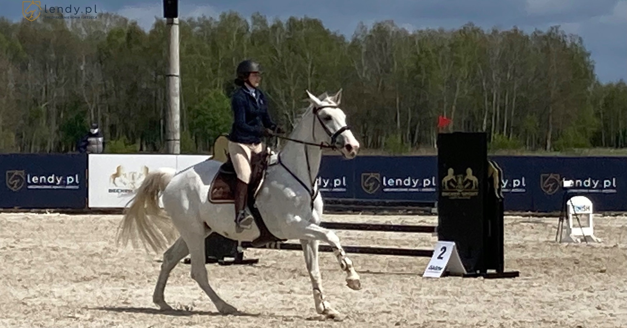 Jeździec w kasku na białym koniu podczas zawodów jeździeckich, widoczne przeszkody i banery reklamowe w tle.