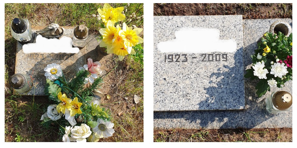 Granitowy nagrobek z datami 1923-2009, ozdobiony zniczami, figurką anioła i kompozycjami kwiatowymi w odcieniach żółci, bieli i różu, umieszczony na trawiastym terenie.