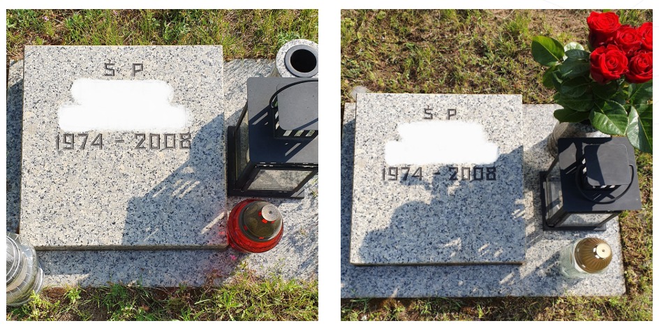 Granitowy nagrobek z wyrytym napisem 'Ś.P.' i datami '1974-2008', obok czarny lampion i znicz z czerwoną nakładką, po prawej stronie bukiet czerwonych róż.