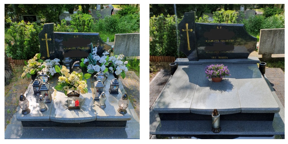 Porównanie stanu nagrobka przed i po czyszczeniu: po lewej stronie nagrobek z licznymi zniczami, kwiatami i dekoracjami, po prawej stronie nagrobek po usunięciu dekoracji i wyczyszczeniu,...
