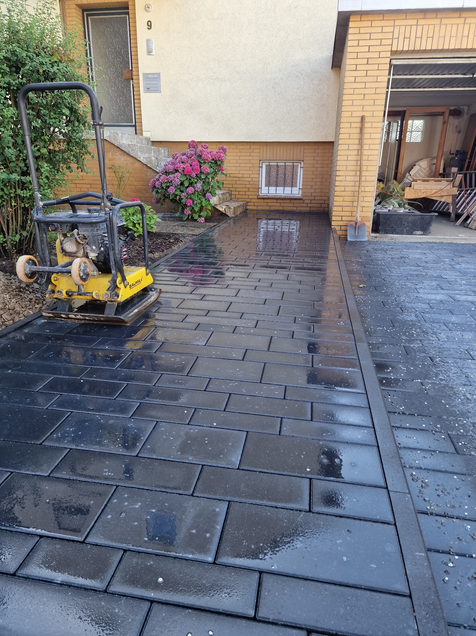 Świeżo ułożona, błyszcząca, grafitowa kostka brukowa przed domem, z zagęszczarką w tle i fragmentem rabaty z hortensjami. Widoczny fragment garażu i wejścia do domu.