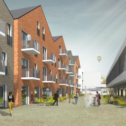 360designreport - Wizualizacja budynku usługowego z ceglaną elewacją i balkonami, z żółtymi krzesłami na dziedzińcu i spacerującymi ludźmi, w tle widoczny balon.