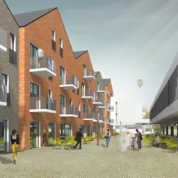 Wizualizacja budynku usługowego z ceglaną elewacją i balkonami, z żółtymi krzesłami na dziedzińcu i spacerującymi ludźmi, w tle widoczny balon.